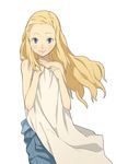  alice_herring blonde_hair blue_eyes blush covering houru long_hair simple_background smile solo strikers_1945 topless wind 