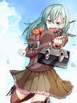  aqua_hair ataru_(cha2batake) blazer blush breasts brown_legwear cannon green_eyes gun hair_ornament hairclip jacket kantai_collection large_breasts long_hair open_mouth skirt smile solo suzuya_(kantai_collection) thighhighs turret water_drop weapon zettai_ryouiki 