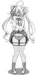  ahoge blush boots crotch_seam double_bun glasses greyscale highres kantai_collection long_hair makigumo_(kantai_collection) monochrome navel naz panties panties_under_pantyhose pantyhose skirt skirt_lift sleeves_past_fingers sleeves_past_wrists solo tears thighband_pantyhose twintails underwear very_long_hair 