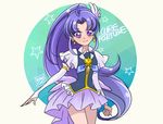  arm_warmers character_name cnove cure_fortune detached_sleeves earrings english fingerless_gloves gloves happinesscharge_precure! hikawa_iona jewelry long_hair looking_at_viewer magical_girl ponytail precure purple_eyes purple_hair purple_skirt ribbon skirt smile solo standing wide_ponytail 