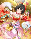  artist_request black_hair bow breasts cleavage confetti detached_sleeves hair_bow hair_ornament idolmaster idolmaster_cinderella_girls japanese_clothes kimono medium_breasts midriff navel official_art red_bow short_hair solo takafuji_kako yellow_eyes 