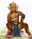  biceps blonde_hair brown_fur bulge chest_tuft feline franko fur hair jewelry leotard lion loincloth male mammal muscles negger one_eye_closed pecs plain_background pose pubes sitting solo topless tuft wink yellow_eyes 