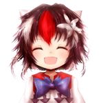  amanojaku bad_id bad_pixiv_id bow closed_eyes directional_arrow flower hair_flower hair_ornament happy highres horns kijin_seija multicolored_hair open_mouth red_hair short_hair smile solo streaked_hair touhou white_background white_hair 
