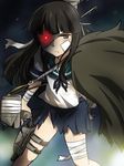  bandage_over_one_eye bangs black_hair blunt_bangs broken brown_eyes cloak glowing glowing_eye gundam gundam_00 gundam_exia hatsuyuki_(kantai_collection) ikari_manatsu kantai_collection long_hair looking_at_viewer parody red_eyes solo torn_clothes 