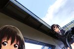  akagi_asahito bad_id bad_pixiv_id bicycle black_hair blazer blush brown_eyes brown_hair cloud day dutch_angle ground_vehicle jacket multiple_girls open_mouth original school_uniform short_hair skirt sky twintails 