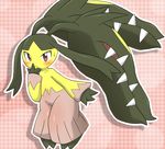  ambiguous_gender blush checkered checkered_background hm3526 looking_at_viewer mawile mega_evolution mega_mawile navel nintendo pok&#233;mon pok&eacute;mon red_eyes solo two_toes video_games 