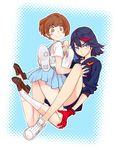  black_hair blue_eyes blue_skirt blush breast_grab breasts brown_eyes brown_hair grabbing kill_la_kill kiritomo_koroha legs loafers long_legs mankanshoku_mako matoi_ryuuko multicolored_hair multiple_girls senketsu shoes skirt smile sneakers streaked_hair thighs yuri 