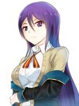  blazer blush breasts gj-bu highres jacket large_breasts long_hair long_sleeves looking_at_viewer purple_eyes purple_hair school_uniform smile solo sumeragi_shion swordwaltz very_long_hair 