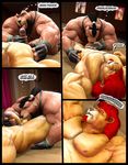  3d abs balls bear beard biceps black_hair braford clothing comic dialog duo facial_hair feline fellatio gay hair harness justin_(braford) licking lion male mammal muscles nude oral oral_sex pecs penis pole red_hair sarge_(braford) sex text tongue uncut 