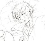  blanket from_above hands komeiji_satori lips lying messy_hair monochrome on_side pajamas pillow short_hair simple_background sleeping solo third_eye touhou uruo white_background 