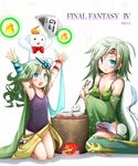  2girls :o \o/ akino_coto aqua_eyes arms_up bomb_(final_fantasy) copyright_name dual_persona earrings fang final_fantasy final_fantasy_iv food fruit green_hair grill hair_ornament highres jewelry leotard long_hair mandarin_orange mochi multiple_girls new_year open_mouth outstretched_arms rydia star star_earrings time_paradox wagashi whyt 