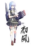  adjusting_clothes adjusting_gloves ataru_(cha2batake) blue_eyes blue_hair blush cannon full_body gloves hatsukaze_(kantai_collection) kantai_collection long_hair school_uniform skirt solo text_focus torpedo turret vest white_gloves 