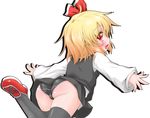  ass black_legwear black_panties blonde_hair blush cameltoe fang hair_ribbon long_sleeves looking_at_viewer looking_back oden_(th-inaba) open_mouth outstretched_arms panties red_eyes ribbon rumia shirt simple_background skirt skirt_set smile solo thighhighs touhou underwear upskirt vest white_background 