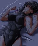  abs bed_sheet black_hair blush bow breasts hair_bow large_breasts leotard long_hair looking_at_viewer m.u.g.e.n muscle muscular_female on_bed original pillow samuimu scar sendai_hakurei_no_miko shade skin_tight solo touhou 