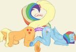  anthro anthrofied applejack_(mlp) blonde_hair blue_fur breasts chrnos cutie_mark dildo double_dildo duo equine eyes_closed female friendship_is_magic fur hair horse lesbian mammal multi-colored_hair my_little_pony orange_fur pegasus plain_background pony rainbow_dash_(mlp) rainbow_hair sex_toy sweat toy wings 