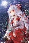  bad_id bad_pixiv_id bow breasts cleavage cloud cloudy_sky cup eveshut fujiwara_no_mokou hair_bow hair_ribbon highres leaf long_hair medium_breasts moon no_bra plant red_eyes ribbon shirt silk sitting sky solo spider_web suspenders touhou unbuttoned white_hair 