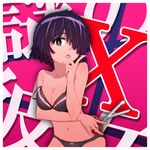  black_eyes bra breasts cleavage hair_over_one_eye highres large_breasts navel nazo_no_kanojo_x panties purple_hair saliva scissors short_hair siero solo strap_slip tongue underwear underwear_only urabe_mikoto 