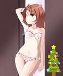  arm_up bra breasts brown_hair christmas_ornaments christmas_tree collarbone green_eyes heart heart_print highres inamochi_keiichirou mirror original panties short_hair small_breasts solo thigh_gap underwear underwear_only 