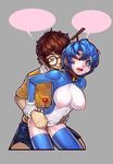  1girl ;o bangs bell bell_collar black-framed_eyewear blue_eyes blue_hair blue_legwear blush breasts brown_eyes brown_hair cameltoe collar covered_navel covered_nipples cowboy_shot doraemon doraemon_(character) fengmo from_side genderswap genderswap_(mtf) glasses gloves grey_background grin groping hair_ornament hetero impossible_clothes jingle_bell large_breasts leaning_forward long_sleeves naughty_face nipples nobi_nobita one_eye_closed open_mouth panties personification propeller puffy_nipples reach-around see-through shirt short_hair short_sleeves shorts skin_tight smile speech_bubble spread_legs sweat tears thigh_grab thighhighs torso_grab underwear white_gloves wince wrist_grab 