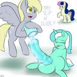  animal_genitalia balls blonde_hair blue_hair bonbon_(mlp) cutie_mark derpy_hooves_(mlp) dickgirl english_text equine female food_play friendship_is_magic fur green_fur grey_fur hair horn horse horsecock hyper hyper_penis ice_cream intersex lamiaaaa lube lyra_(mlp) lyra_heartstrings_(mlp) mammal my_little_pony peach_fur pegasus penis pink_hair plain_background pony teal_hair text unicorn what white_background white_hair wings yellow_eyes 