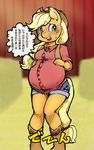  anthrofied applejack_(mlp) barn blush boots clothing equine female friendship_is_magic green_eyes hand_on_stomach hands hat hay hobilo horse invalid_tag mammal muh-arts my_little_pony pony pregnant shirt shorts smile solo text translation_request 