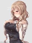  1girl artist_name bangs blonde_hair blush eyebrows_visible_through_hair juurouta kantai_collection long_hair long_sleeves looking_away minegumo_(kantai_collection) solo 