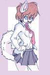  blue_eyes breasts canine dog female firekitty fur hair husky lina linahusky mammal necktie red_hair schoolgirl skirt solo upskirt white_fur 