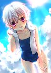  girlfriend_(kari) highres inose_riku kimijima_satoru leaning_forward one-piece_swimsuit pink_eyes school_swimsuit short_hair swimsuit towel wet white_hair 