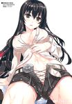  black_hair blush breasts brown_eyes buttons covered_nipples highres large_breasts long_hair looking_at_viewer nipples open_mouth see-through short_shorts shorts simple_background solo unbuckled_belt unbuttoned wet wet_clothes white_background yan-yam 