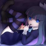  blue_eyes cake food fork from_side fruit legs_up long_hair looking_at_viewer lying mouth_hold multicolored_hair no_nose on_back panty_&amp;_stocking_with_garterbelt smile solo stocking_(psg) strawberry strawberry_shortcake striped striped_legwear thighhighs two-tone_hair yasutake 