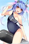  :d absurdres blue_hair blush breasts cleavage fang hair_ornament hair_ribbon highres i-19_(kantai_collection) kantai_collection large_breasts long_hair monoto name_tag one-piece_swimsuit open_mouth red_eyes ribbon school_swimsuit smile solo star star-shaped_pupils swimsuit symbol-shaped_pupils torpedo twintails 