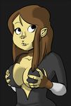  bernadine big_breasts breasts brown_hair cupping_breasts female hair jumpsuit mammal overbite primate simple_background solo starbound video_games 