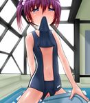  blue_eyes blush breasts crotch_rub gradient_hair hair_bobbles hair_ornament kickboard masturbation mouth_hold multicolored_hair navel original purple_hair pussy pussy_juice rei_no_pool school_swimsuit short_hair side_ponytail small_breasts solo swimsuit tears unzipped yasutake 
