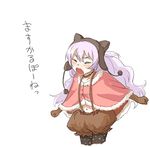  animal_hood bad_id bad_pixiv_id bangs blush bow brown_gloves buttons capelet cat_hood choker clenched_hands closed_eyes fur_trim gloves hat hood lavender_hair long_hair mahou_shoujo_madoka_magica mahou_shoujo_madoka_magica_movie momoe_nagisa navel outstretched_arms pantyhose polka_dot polka_dot_legwear puffy_pants red_bow shouting simple_background solo suspenders translated uruo white_background 