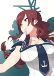  braid breasts brown_hair gloves gloves_removed green_eyes highres kantai_collection large_breasts long_hair noshiro_(kantai_collection) solo tonegawa_ribu 