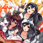  3girls agano_(kantai_collection) alcohol black_hair blush braid breast_press breasts brown_hair cleavage dragonmaterial elbow_gloves gloves green_eyes highres kantai_collection large_breasts multiple_girls noshiro_(kantai_collection) one_eye_closed open_mouth red_eyes sake school_uniform serafuku twin_braids yahagi_(kantai_collection) 