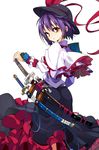  bad_id bad_pixiv_id dress hat katana kotomuke_fuurin long_sleeves looking_at_viewer nagae_iku purple_hair red_eyes sheath short_hair solo sword touhou weapon 