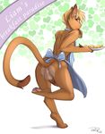  anthro anus apron back balls blonde_hair bow brown_fur butt cat eating erection feline food fur girly hair hindpaw liam looking looking_at_viewer looking_back male mammal naked_apron nude pawpads paws penis plate short_hair smile solo thighs zeiro 