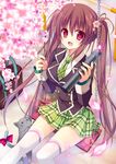  :&lt; :d bag brown_hair cat cherry_blossoms green_neckwear green_skirt highres lace lace-trimmed_thighhighs matsumiya_kiseri necktie open_mouth original pink_eyes plaid plaid_skirt revision ribbon school_uniform skirt smile swing tail tail_ribbon thighhighs tube twintails white_legwear zettai_ryouiki 