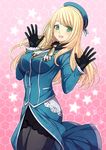  :d atago_(kantai_collection) beret black_gloves blonde_hair blue_hat blush breasts gloves green_eyes hat hex_grid kantai_collection large_breasts long_hair military military_uniform open_mouth pantyhose smile solo star uniform yuko_(indian_break) 