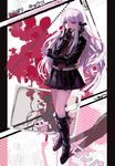  bad_id bad_pixiv_id blood boots braid danganronpa danganronpa_1 gloves hair_ribbon jacket kirigiri_kyouko long_hair monokuma necktie purple_eyes purple_hair revision ribbon school_uniform shutsuri single_braid skirt solo 