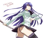  ass blue_eyes bow breasts busujima_saeko copyright_name flat_ass garter_straps hair_over_one_eye highschool_of_the_dead large_breasts long_hair purple_hair school_uniform skirt solo tamtam thighhighs thighs weapon white_background 