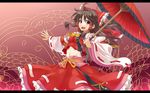  ascot bad_id bad_pixiv_id bow brown_hair detached_sleeves giant_snake hair_bow hair_tubes hakurei_reimu highres letterboxed long_hair long_sleeves looking_at_viewer midriff musouzuki navel open_mouth oriental_umbrella outstretched_arm outstretched_hand purple_eyes revision sash shirt skirt smile solo touhou umbrella wide_sleeves 