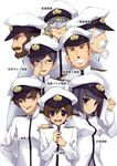  6+boys adjusting_eyewear admiral_(kantai_collection) admiral_(kantai_collection)_(cosplay) alternate_costume beard black_hair brown_eyes cosplay facial_hair female_admiral_(kantai_collection) glasses gundam gundam_00 gundam_seed hat jacket kantai_collection kati_mannequin landolt_tamaki little_boy_admiral_(kantai_collection) long_hair mask military military_uniform multiple_boys multiple_girls mustache naval_uniform peaked_cap rau_le_creuset short_hair translated uniform 