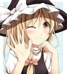  bad_id bad_pixiv_id blonde_hair blush bow chin_rest elbow_rest hat hat_bow kirisame_marisa kuroganeruto one_eye_closed solo touhou white_bow witch_hat yellow_eyes 