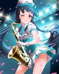  ;) artist_request blue_hair brown_eyes gloves hat idolmaster idolmaster_million_live! instrument kitakami_reika long_hair looking_at_viewer official_art one_eye_closed petals saxophone skirt smile stage_lights twintails uniform 
