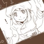  1girl badge bent_over cabbie_hat detective directional_arrow dutch_angle foreshortening frame hat layton_brothers:_mystery_room leaning long_sleeves looking_at_viewer lucy_creila monochrome professor_layton short_hair smile solo 