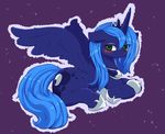  blush chipar equine eyelashes female friendship_is_magic green_eyes hair hooves horn horse looking_at_viewer lying mammal my_little_pony plain_background pony princess_luna_(mlp) purple_background solo winged_unicorn wings 