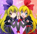  :d blonde_hair blue_eyes blue_ribbon bow dokidoki!_precure dual_persona eyelashes gradient gradient_background hair_bow holding_hands long_hair looking_at_viewer masako_(sabotage-mode) multicolored multicolored_background multiple_girls open_mouth precure red_eyes red_ribbon regina_(dokidoki!_precure) ribbon smile star starry_background symmetrical_hand_pose symmetry 