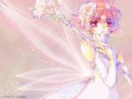  artist_request awayuki_himeno dress flipped_hair flower hair_flower hair_ornament pink_background pink_eyes pink_hair pretear short_hair solo wand wings 